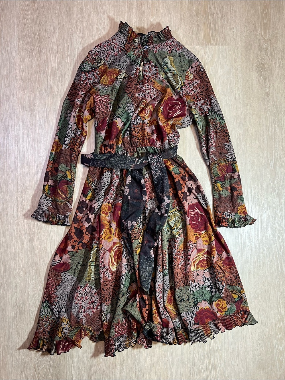 Vintage Floral Long-Sleeve Ruffle Neck Victorian Cottagecore Tie Front Dress